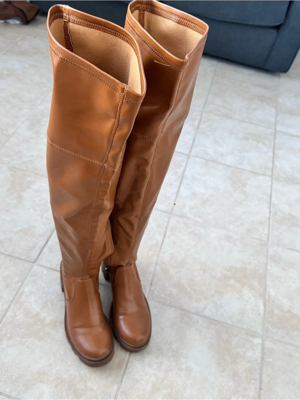 Womens Cognac Brown Faux Leather Over The Knee Lug Sole Chunky Heel Boots 9.5-10